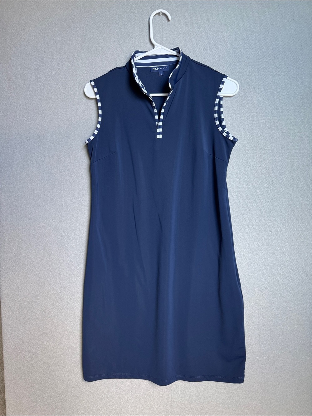 Melly M Navy Sleeveless Polo Dress White Striped Trim Sz S Golf Tennis Pockets